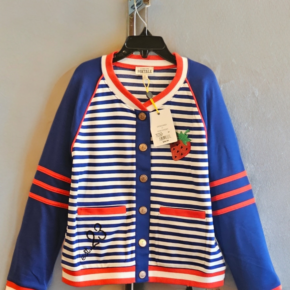 Blue and White Striped Cardigan with Red Accents